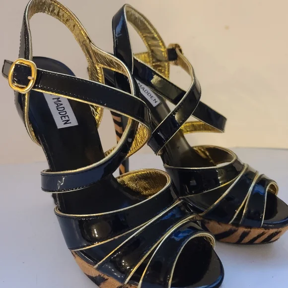 🖤 Steve Madden Tiger Animal Print Black Gold Platform 4 inch Black Heels Size 6 - Picture 2 of 5